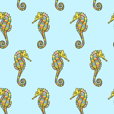 Hippocampus Dikişsiz desen. El çekilmiş deniz atı