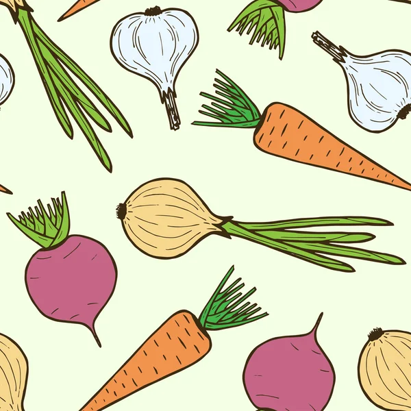 Seamless pattern di verdure. Barbabietola, carota, cipolla, aglio — Vettoriale Stock