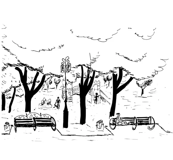 木のベンチで都市公園の手描きのスケッチ — ストックベクタ