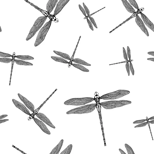 Seamless pattern from graphic dragonfly on white background. — Stock Vector