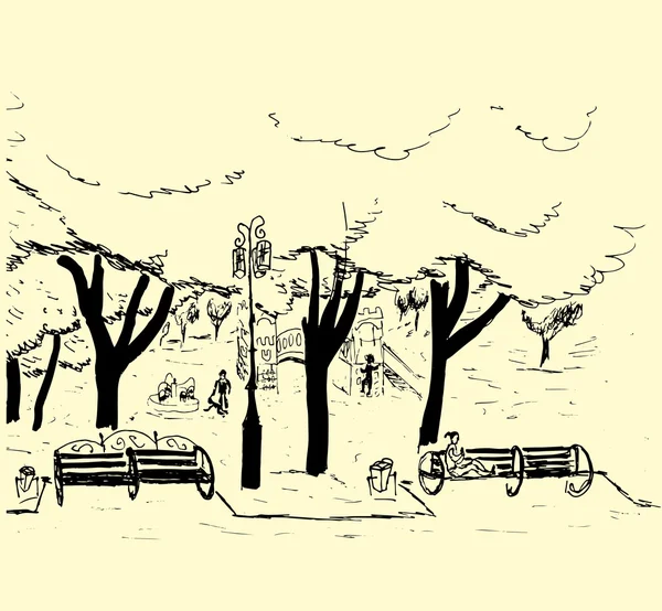 Croquis dessiné main du parc de la ville avec des arbres, bancs — Image vectorielle