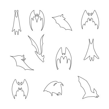Uçan yarasaların vektör çizimi. Siyah çizgi çizgi faresi sanat silueti. Tek çizgi yarasalar farklı şekillerdedir.