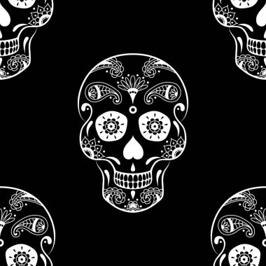 Siyah arka planda çiçekli beyaz şeker kafatası deseni var. Meksika Ölüler Günü için İllüstrasyon
