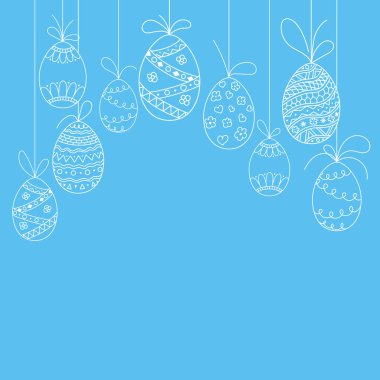 Paskalya yumurtalarının paskalya davetiyesi. Mavi arka planda beyaz yumurtalardan Paskalya şablonu çizimi