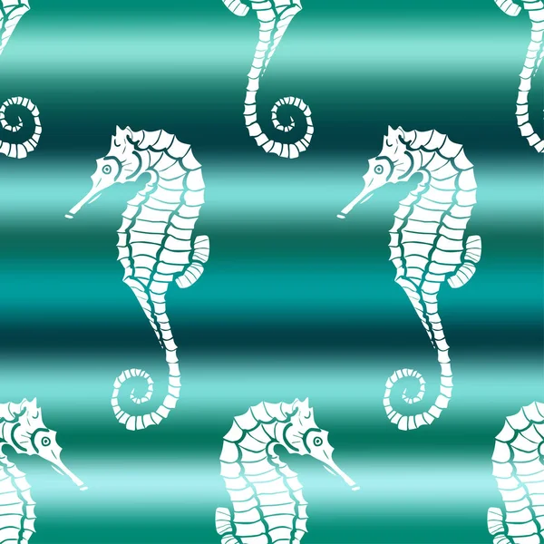 Illustration Vectorielle Hippocampe Blanc Sur Fond Vert Dégradé Vagues Marines — Image vectorielle