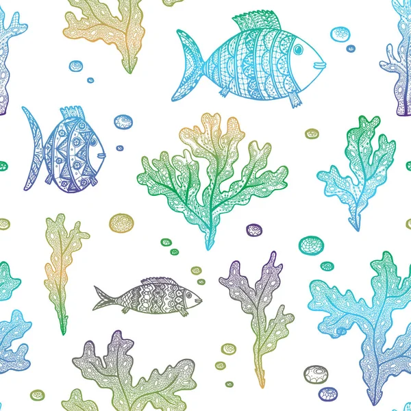 Vector Illustration Hand Drawn Gradient Algae Fishes White Background Marine — Image vectorielle