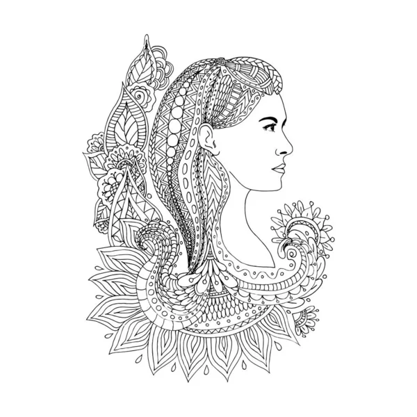 Vector Illustration Young Woman Head Floral Hair Freehand Coloring Page — Stock vektor