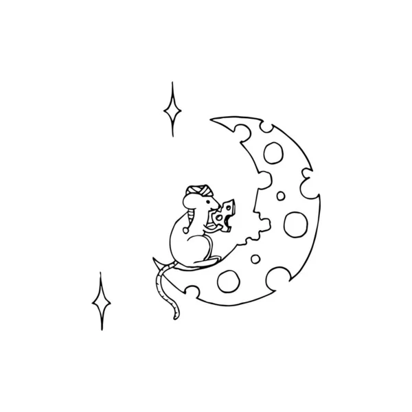 Vector Llustration Cute Mouse Eating Moon Shaped Cheese Black White — Archivo Imágenes Vectoriales