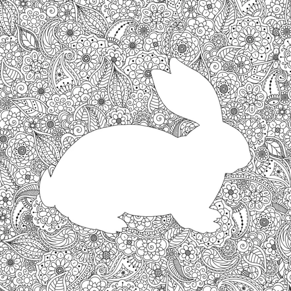Vector Illustration Bunny Silhouette Floral Background Seamless Coloring Page Book — Archivo Imágenes Vectoriales