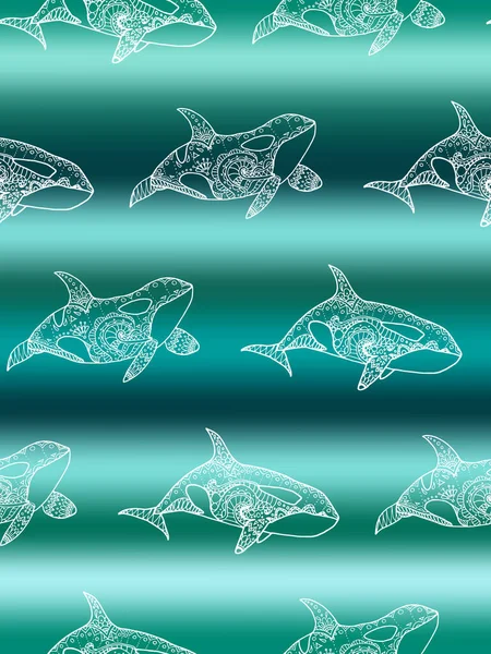 Vector Seamless Pattern White Killer Whale Swimming Gradient Marine Background — Image vectorielle