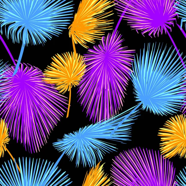 Siyah arkaplandaki palmiye yapraklarının vektörsüz deseni. Ultra neon renkli arkaplan