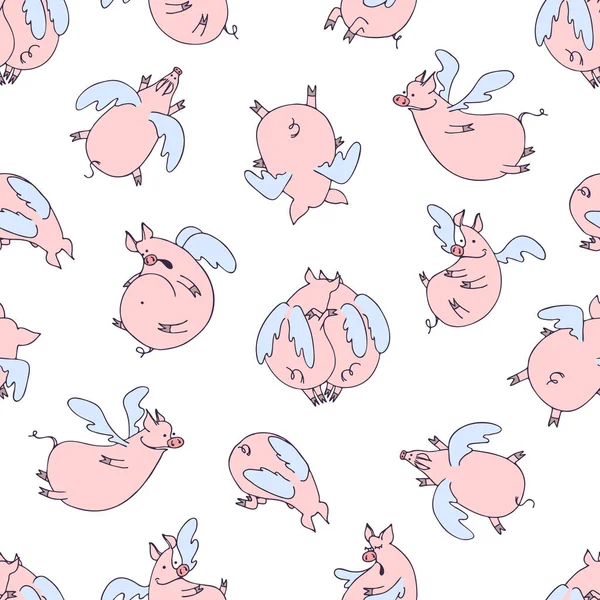 白い背景に飛んで漫画の豚天使のベクトルシームレスパターン — ストックベクタ