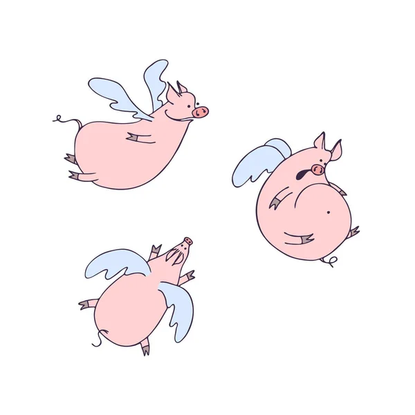 Ensemble Vectoriel Cochons Drôles Dessins Animés Volants Avec Des Ailes — Image vectorielle