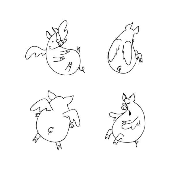 Ensemble Vectoriel Cochons Drôles Dessins Animés Volants Avec Des Ailes — Image vectorielle