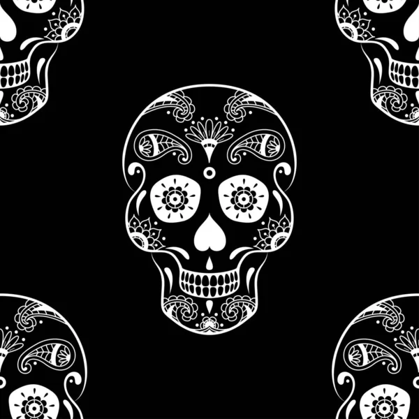 Vector Seamless Pattern White Sugar Skull Floral Ethnic Ornament Black — Stock Vector