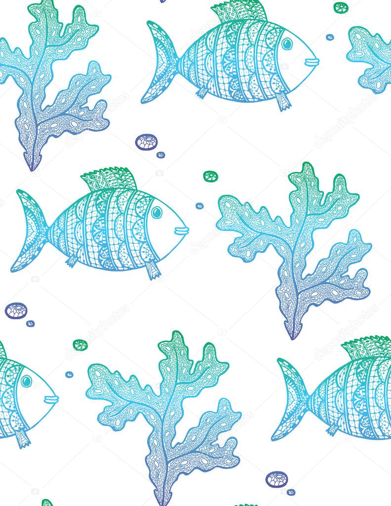 Vector illustration with hand drawn gradient algae and fishes on white background. Marine seamless pattern with seaweeds, fishes and bubbles