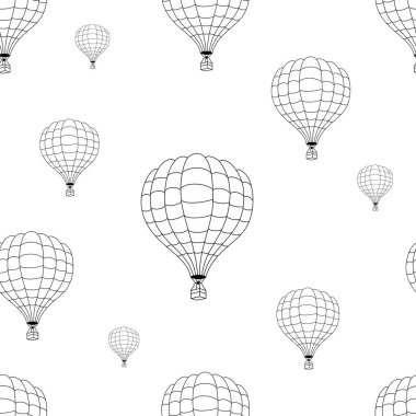 Beyaz arka planda siyah sıcak hava balonlarının vektörsüz deseni.