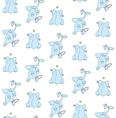 Beyaz arka planda çember ve top ile sevimli fil hokkabazlarının kusursuz bir deseni.