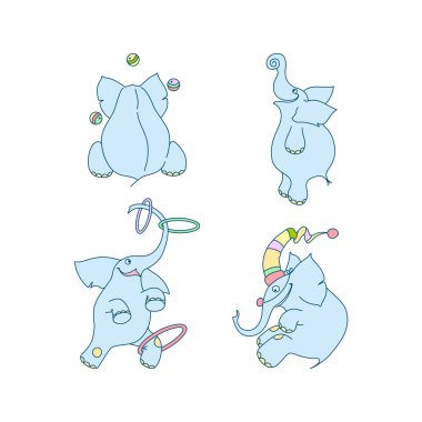 Şirin fil setinin vektör çizimi. Neşeli fil hokkabaz ve fil palyaço