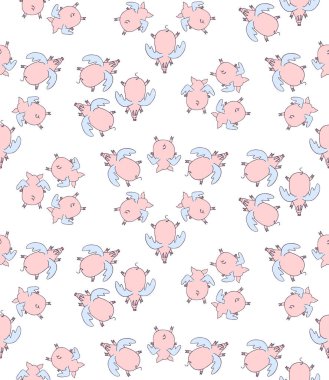 Beyaz arka planda uçan domuz meleklerinin kusursuz desenleri.. 