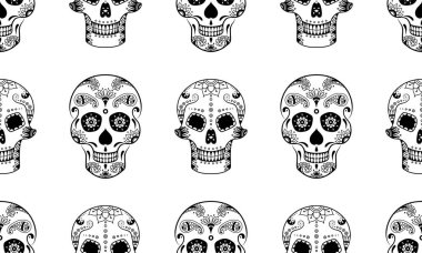 Beyaz arka planda karalama desenli siyah şeker kafatasının vektörsüz deseni. Meksika Ölüler Günü için boyama sayfası. Dia de Muertos şeker kafatası arka planı