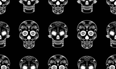 Vector seamless pattern of white sugar skull with doodle floral pattern on black background. Dia de Muertos sugar skull background