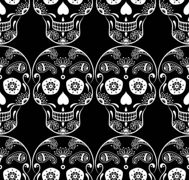 Siyah arka planda çiçekli beyaz şeker kafatası deseni var. Meksika Ölüler Günü için İllüstrasyon