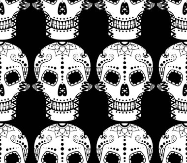 Vector seamless pattern of white sugar skull with ethnic ornament on black background. Illustration for Mexican Day of the Dead