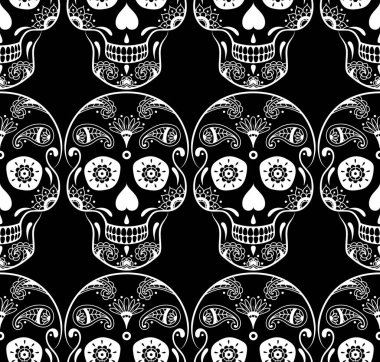 Siyah arka planda çiçekli beyaz şeker kafatası deseni var. Meksika Ölüler Günü için İllüstrasyon