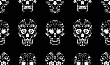 Vector seamless pattern of white sugar skull with doodle floral pattern on black background. Dia de Muertos sugar skull background