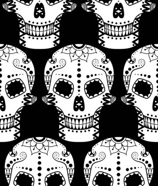 Vector seamless pattern of white sugar skull with ethnic ornament on black background. Illustration for Mexican Day of the Dead