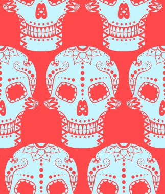 Vector seamless pattern of blue sugar skull with ethnic ornament on pink background. Illustration for Halloween holiday