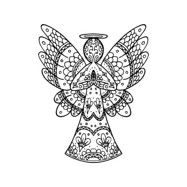 Vector illustration of patterned angel silhouette. Religion coloring page book