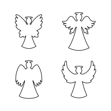 Vector set of four line art angels on white background. Religion decorative  symbols for New year, Christmas card