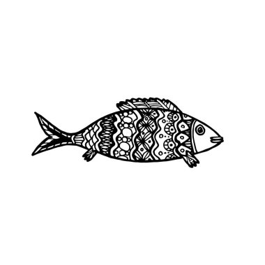 Vector illustration of hand drawn patterned cartoon fish. Coloring page book - zendala for relaxation and meditation