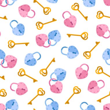 Asma kilitten kusursuz bir şablon, kalp şeklinde anahtar. Sevgililer Günü için arkaplan