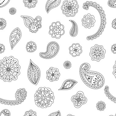 Vector seamless pattern from doodle floral element - flower; Paisley; leaf. Hand drawn background. Coloring page book for adult.