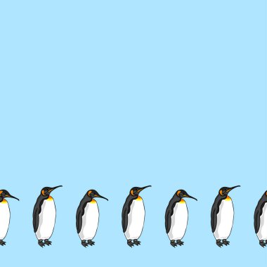 Vector decorative border from bird penguin.  Emperor penguin on blue background