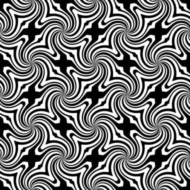 Vector sunburst seamless pattern with swirl and geometric wave. Abstract black seamless pattern on white background