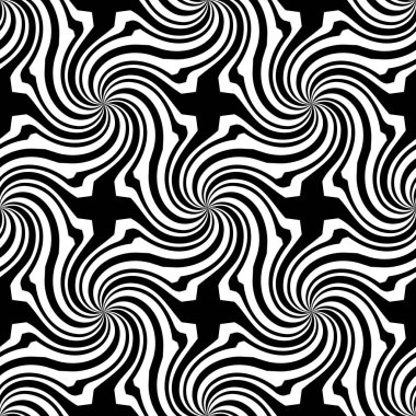 Vector sunburst seamless pattern with swirl and geometric wave. Abstract black seamless pattern on white background