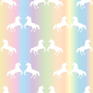 Vector illustration of seamless pattern from white unicorns silhouette on pastel rainbow background. Unicorn couple texture