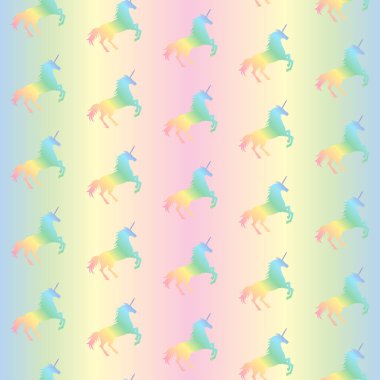  Gökkuşağı tek boynuzlu atların gökkuşağı arka planındaki kusursuz desenlerinin vektör çizimi. Tek boynuzlu at dokusu