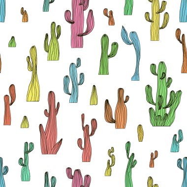 Vector seamless cactus pattern from colorful saguaro cactus. Sketch cactus background.