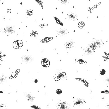 Vector seamless pattern of hand drawn doodle space object on white background