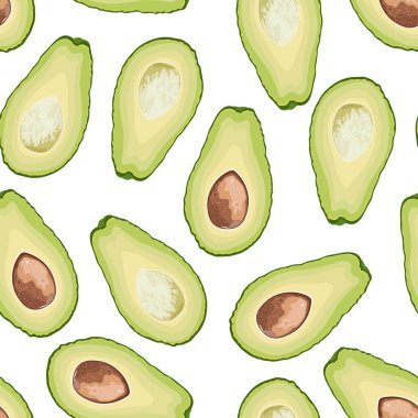 Vector seamless pattern of avocado slice on white background. Avocado fruit cut background