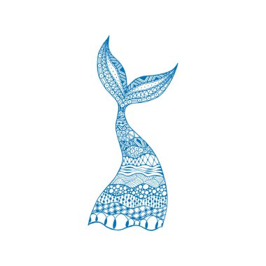 Vector hand drawn ornamental mermaid and whale tail. Blue mermaid tail on white background.