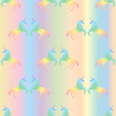  Pastel gradyan arka planda gökkuşağı tek boynuzlu atlarının kusursuz desenlerinin vektör çizimi. Tek boynuzlu at dokusu