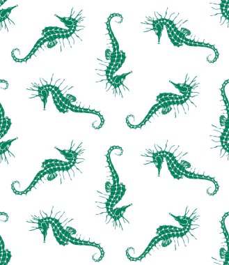 Beyaz arka planda yeşil denizatı siluetinin vektörsüz deseni. Deniz atı arkaplanı