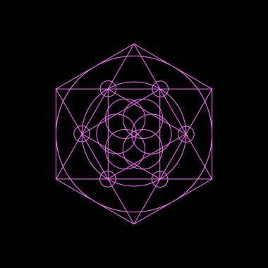 Üçgen, altıgen, daire ve çiçek motifli vektör neon kutsal geometri sembolleri. Siyah arkaplanda parlak mistik geometri sembolü