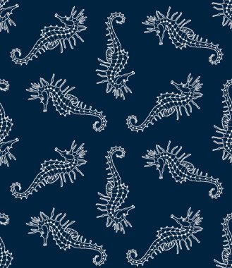 Mavi arka planda beyaz denizatı şablonunun vektörsüz deseni. Deniz atı arkaplanı